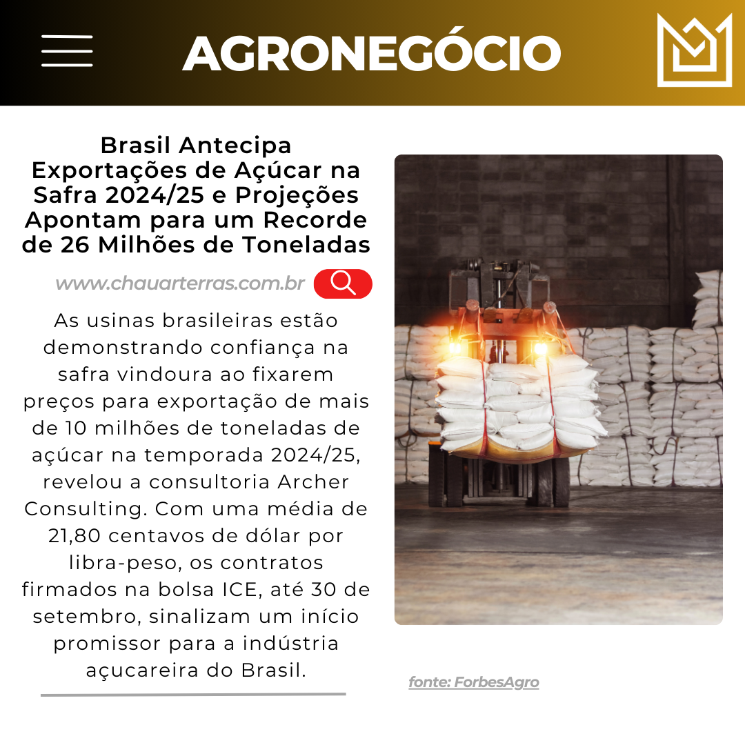 Brasil Antecipa Exportações de Açúcar na Safra 2024/25