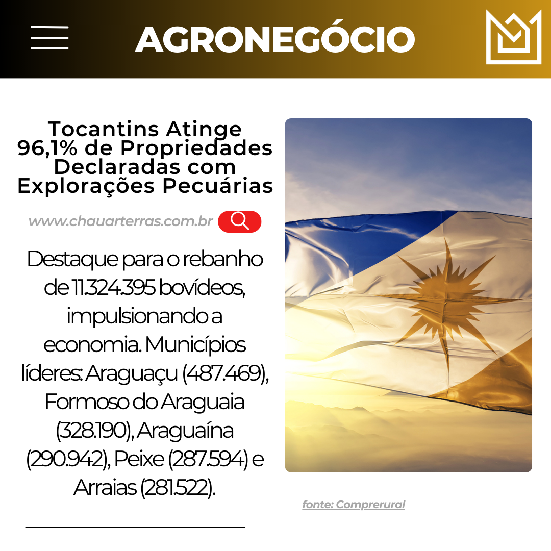 Tocantins Atinge 96,1% de Propriedades Declaradas com Explorações Pecuárias